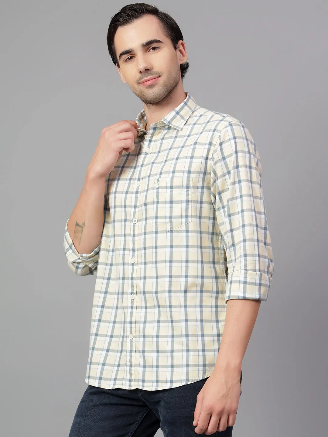 Men's Yellow Checked Full Sleeve Casual Shirt