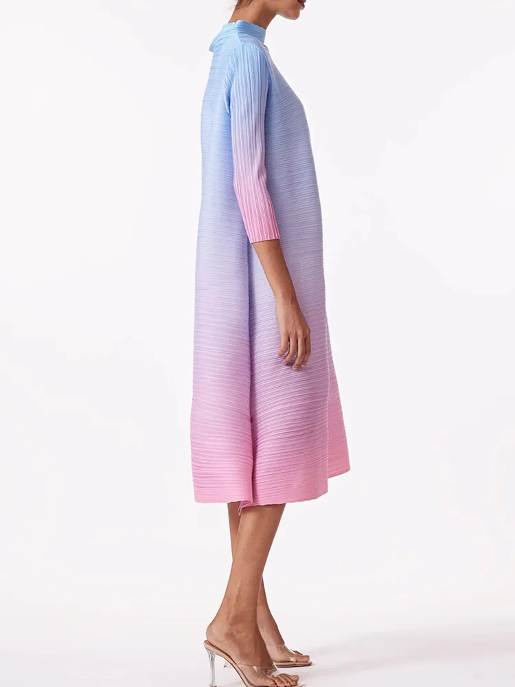 Miyake Pleated Gradient High Neck A-Line Dress