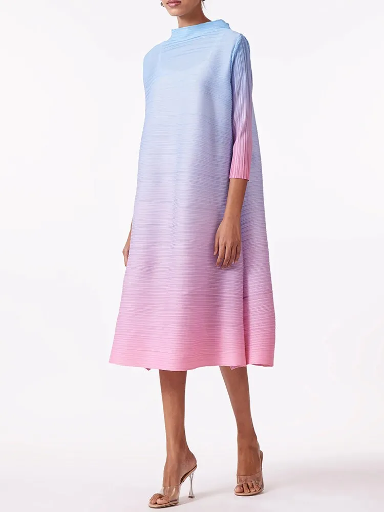 Miyake Pleated Gradient High Neck A-Line Dress