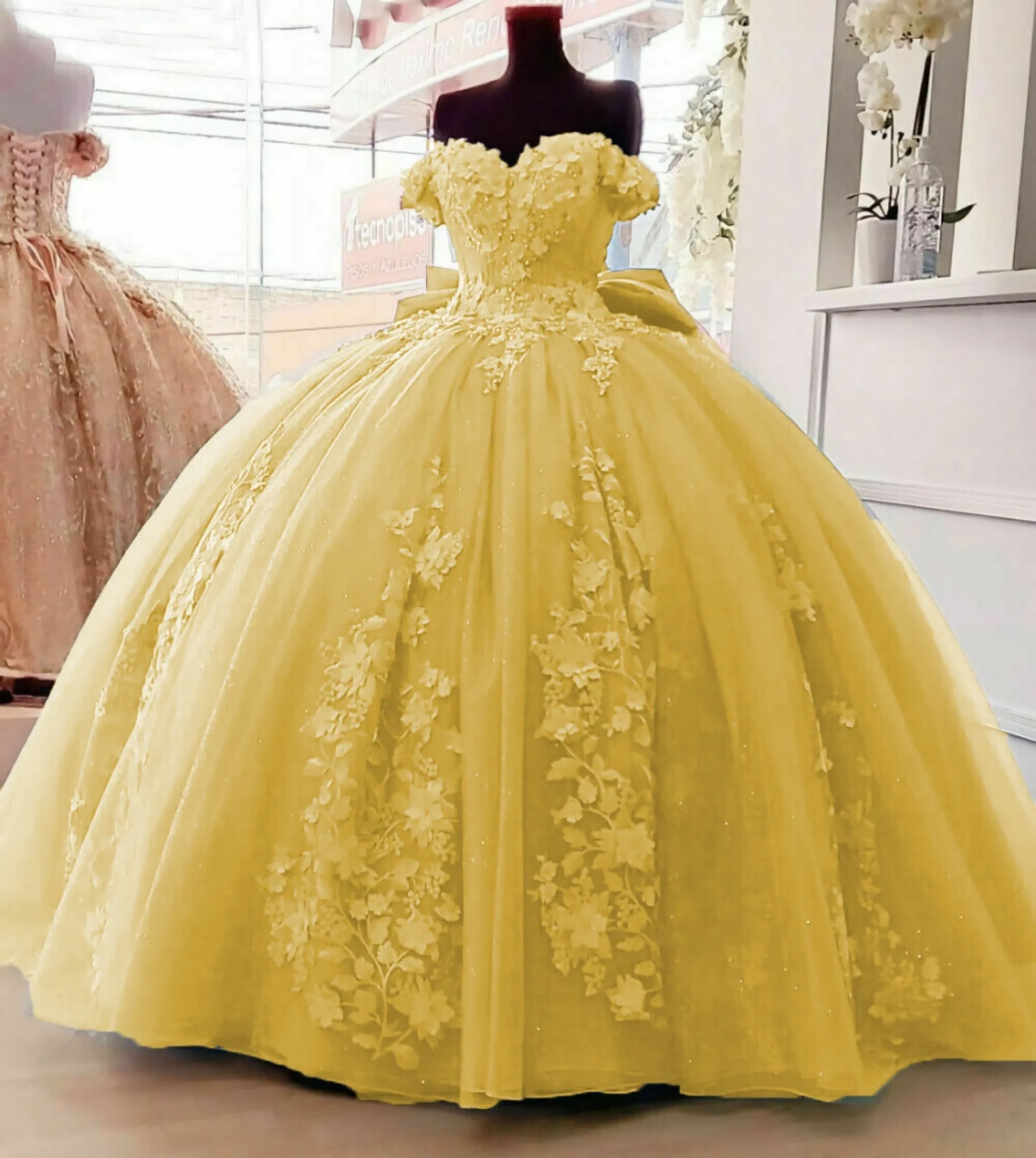 Off Shoulder Ball Gown Quinceanera Dresses 3D Floral Applique Sweet 16 Gowns