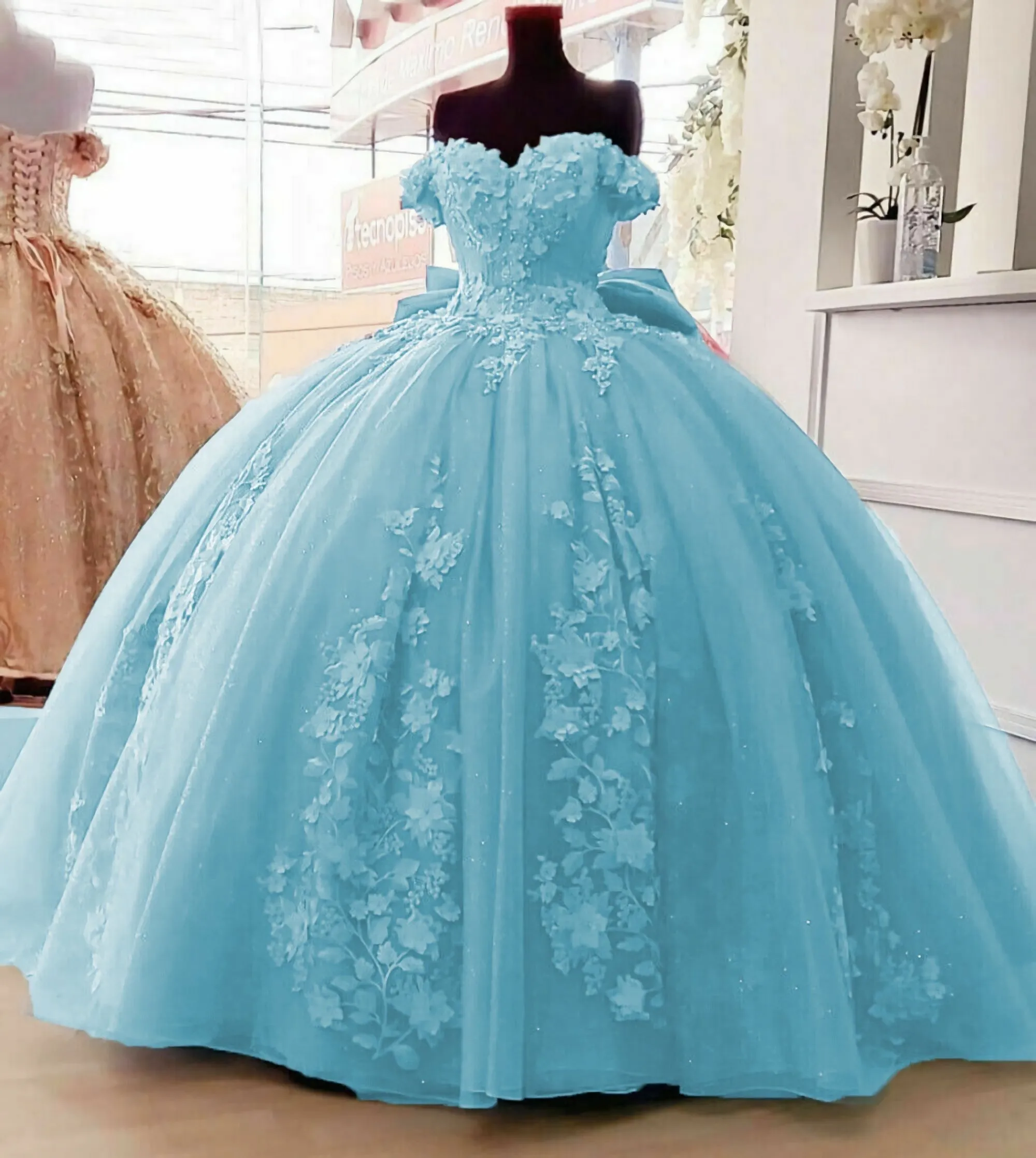 Off Shoulder Ball Gown Quinceanera Dresses 3D Floral Applique Sweet 16 Gowns