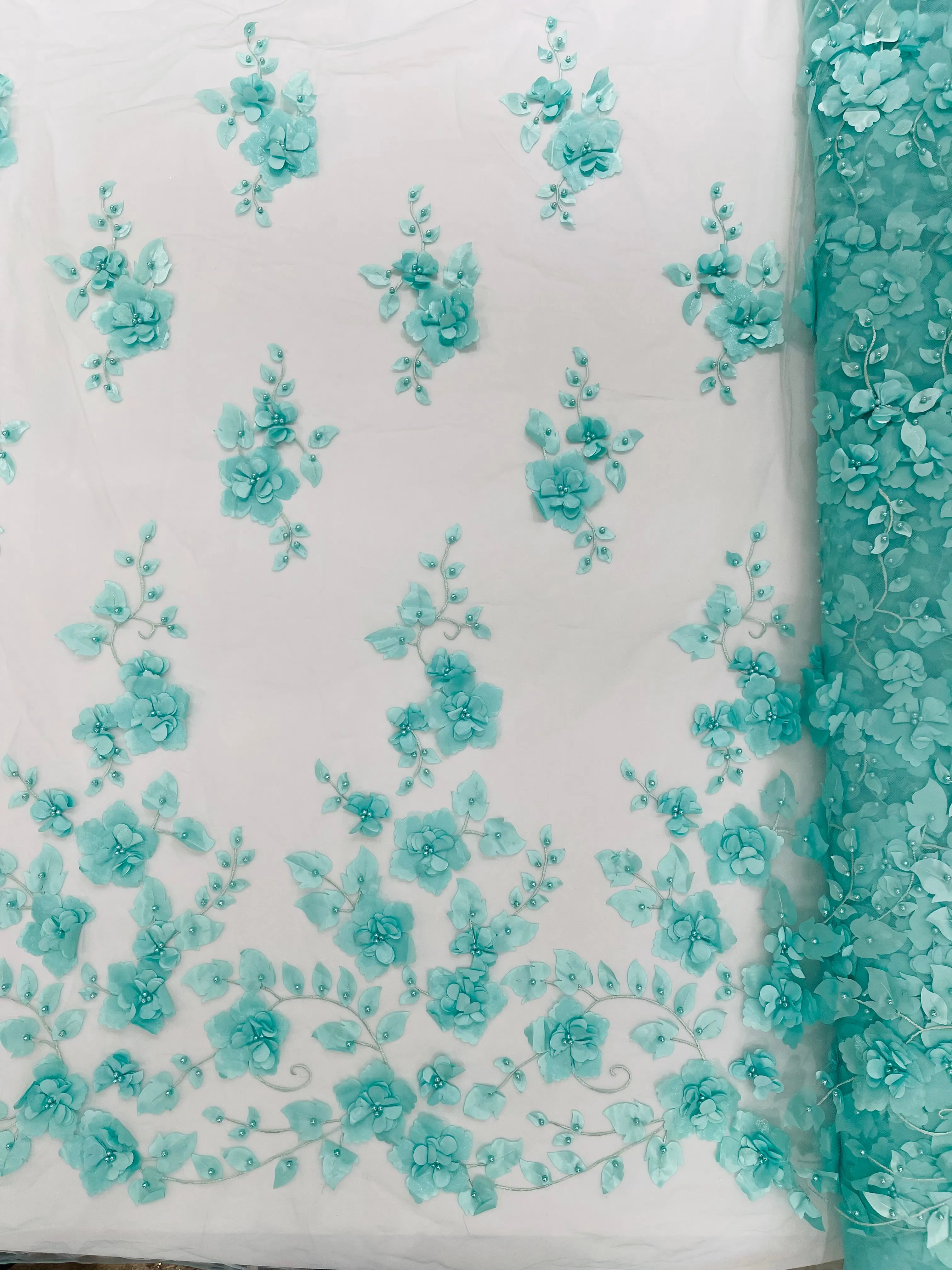 Orquidia 3d floral design embroider with pearls in a mesh lace fabric-prom-sold by the yard.