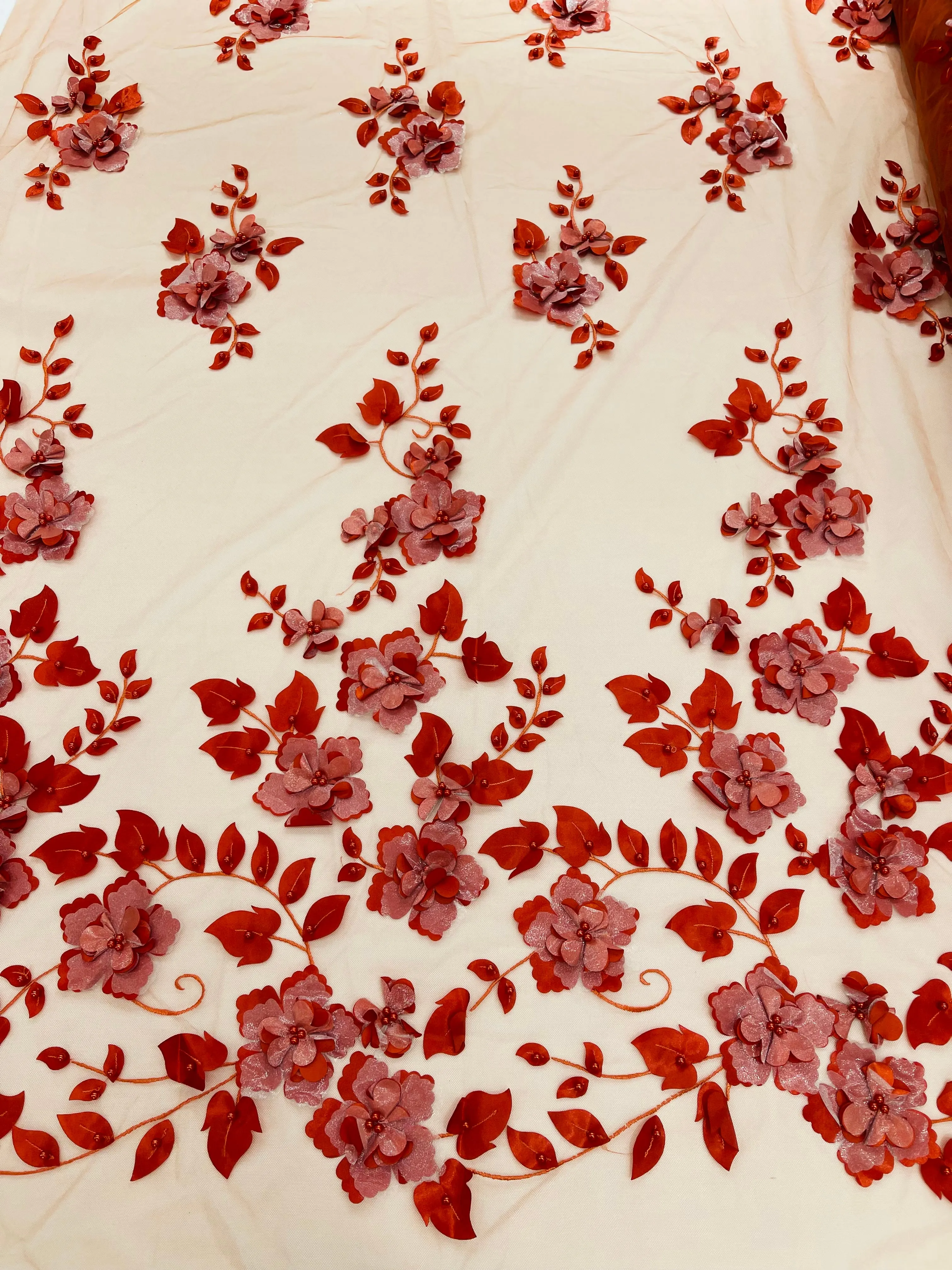 Orquidia 3d floral design embroider with pearls in a mesh lace fabric-prom-sold by the yard.