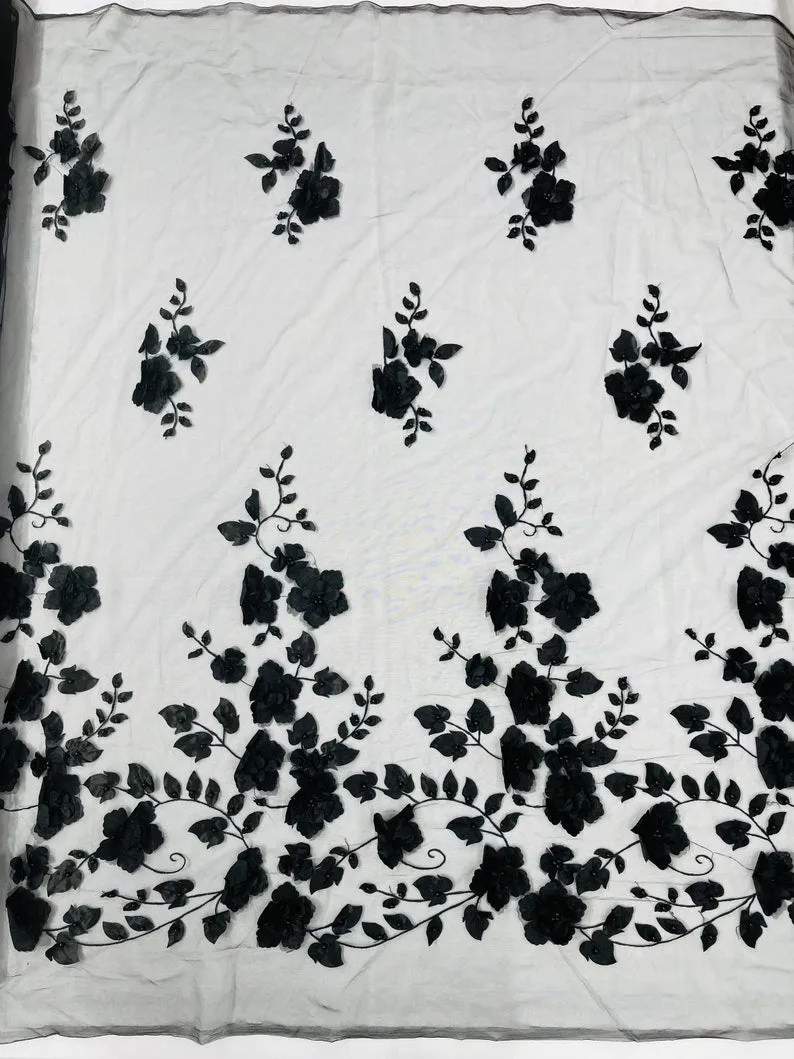 Orquidia 3d floral design embroider with pearls in a mesh lace fabric-prom-sold by the yard.