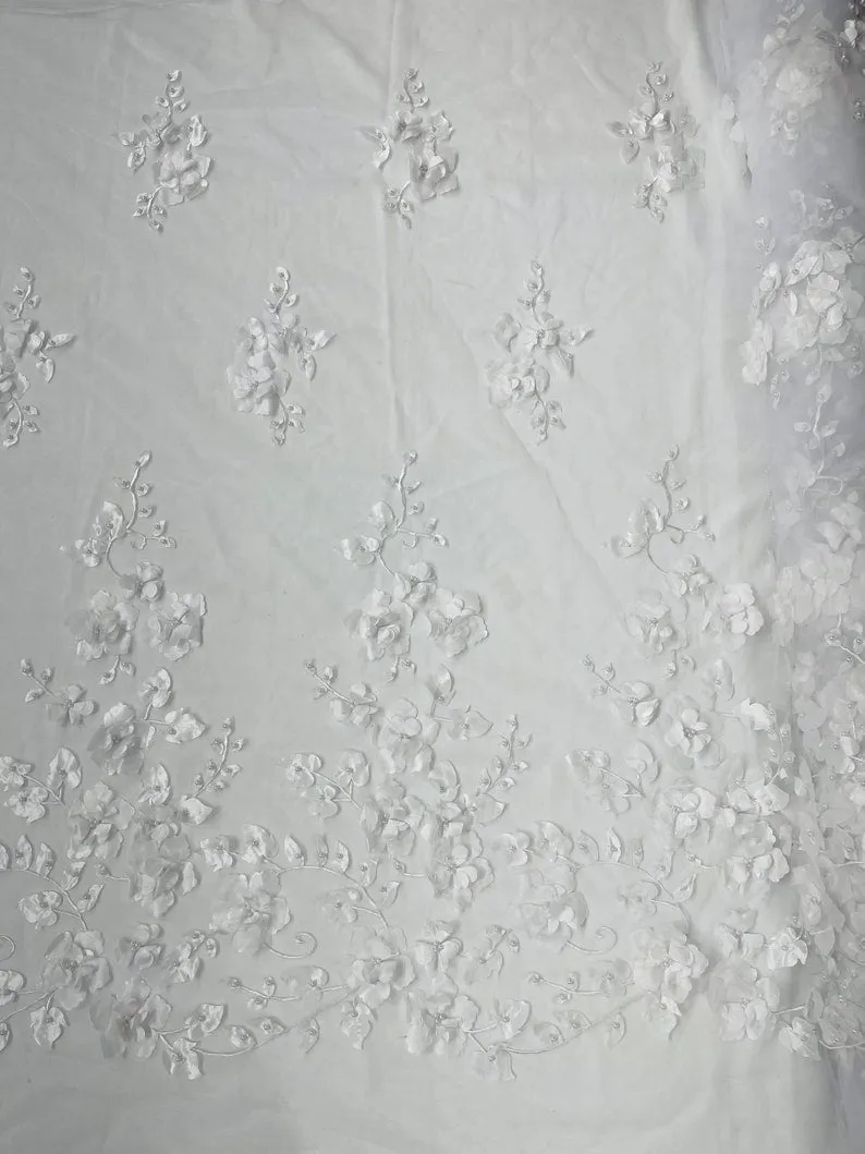 Orquidia 3d floral design embroider with pearls in a mesh lace fabric-prom-sold by the yard.