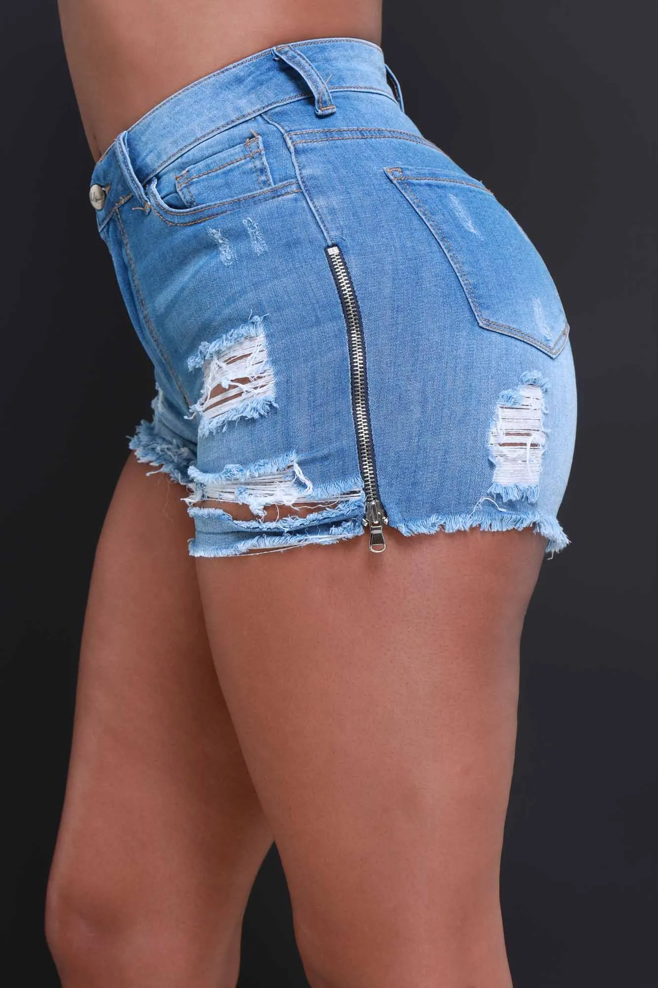 Piece Of Me Zip Up Distressed Denim Shorts - Medium Wash