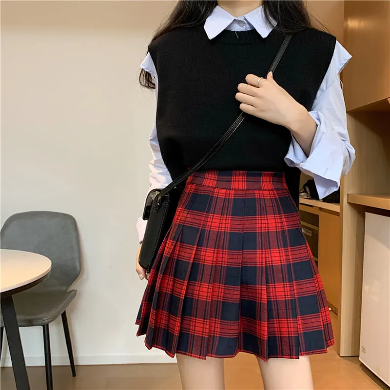 [Plus size] Gothic wine plaid A-line pleated skirt