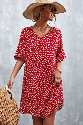 Printed Flare Sleeve Ruffle Hem Dress