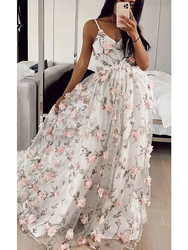 Prom Dresses Floral Dress Formal Floor Length Sleeveless V Neck Lace with Floral Print