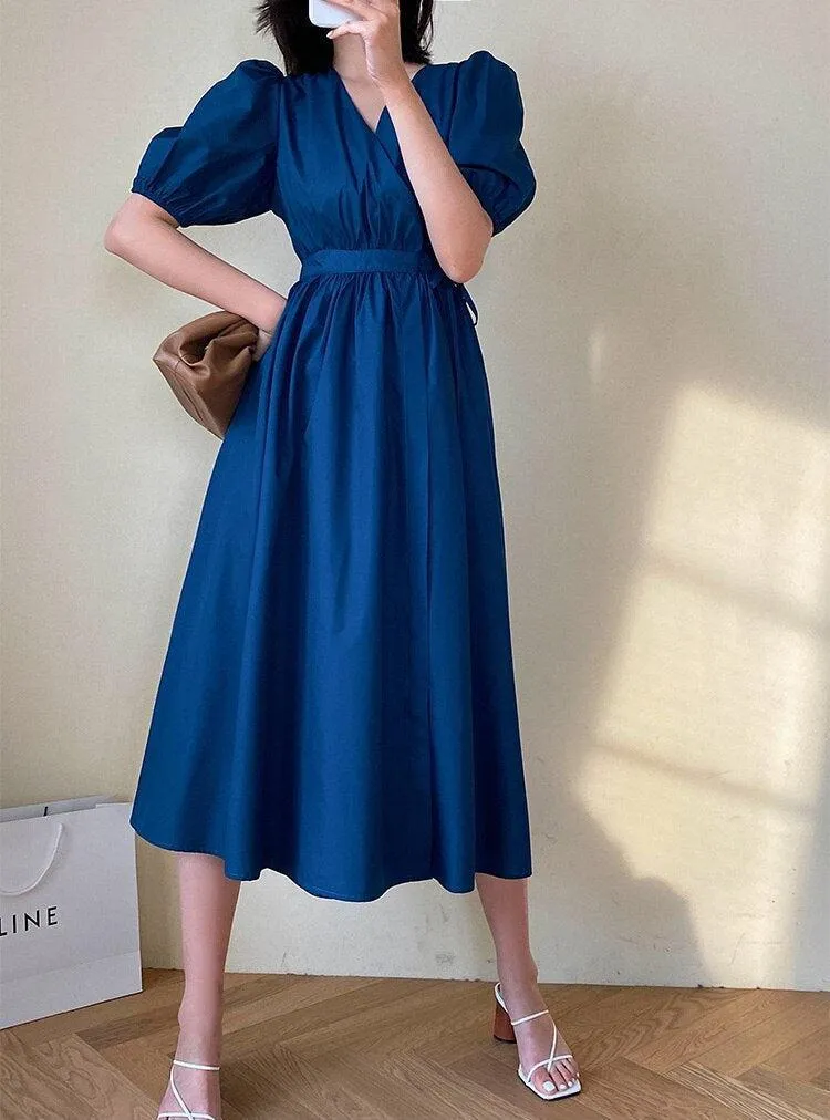 Puff Sleeve Wrap Midi Dress