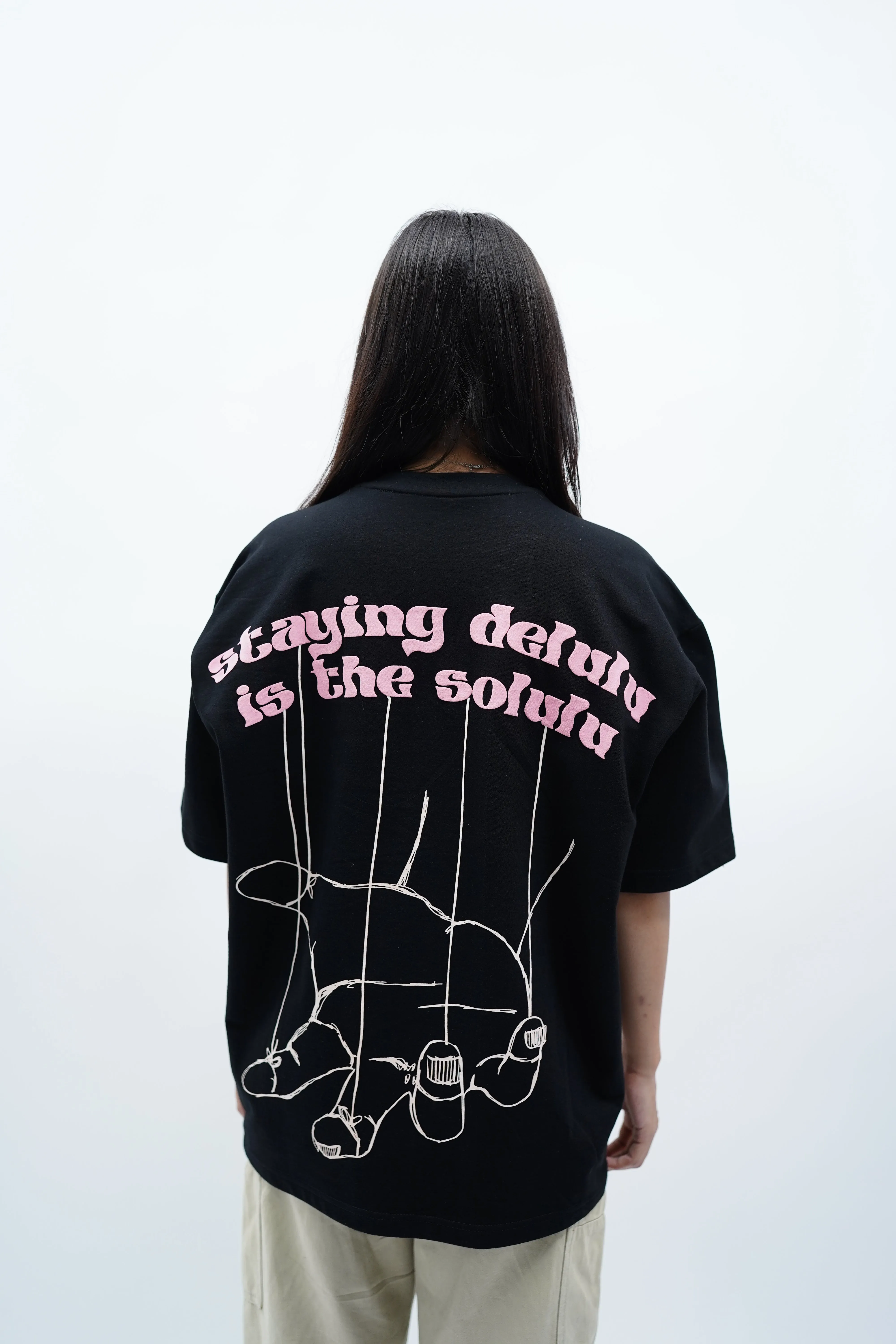 "Delulu is the Solulu" Oversized Puff Print Black T-Shirt By DemonWear for Her