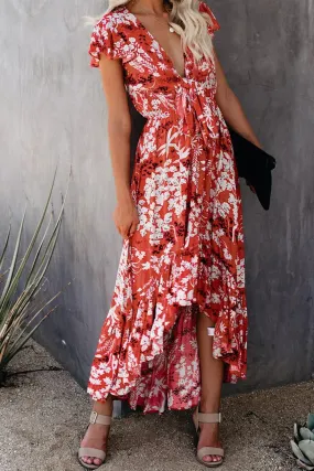 Red High Low Deep V Tie Floral Maxi Dress