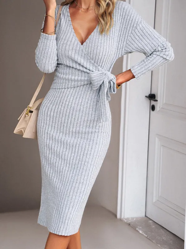 Ribbed Bodycon Surplice Bowknot Long Sleeve Midi Dress