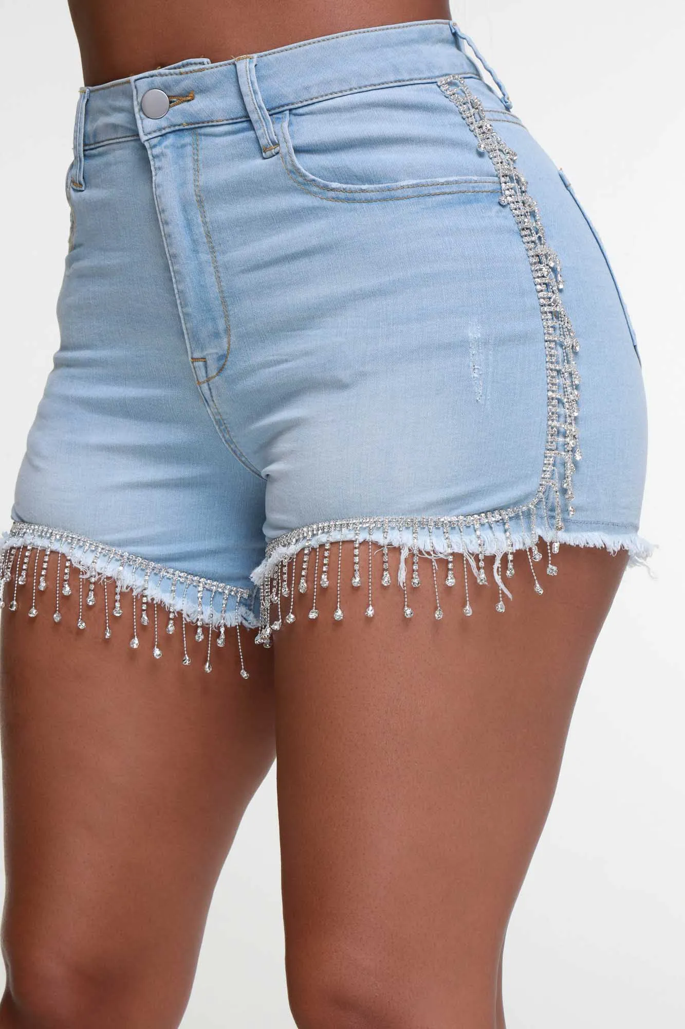 The Lucky One High Rise Silver Fringe Shorts - Light Wash