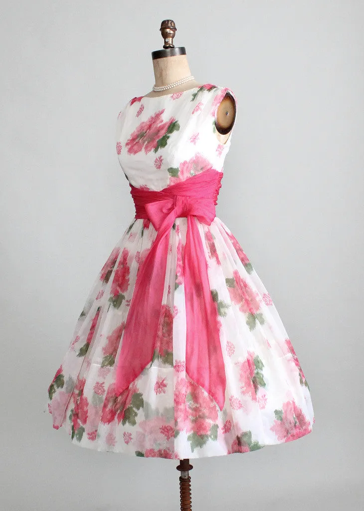 Vintage 1950s Pink Roses Chiffon Party Dress