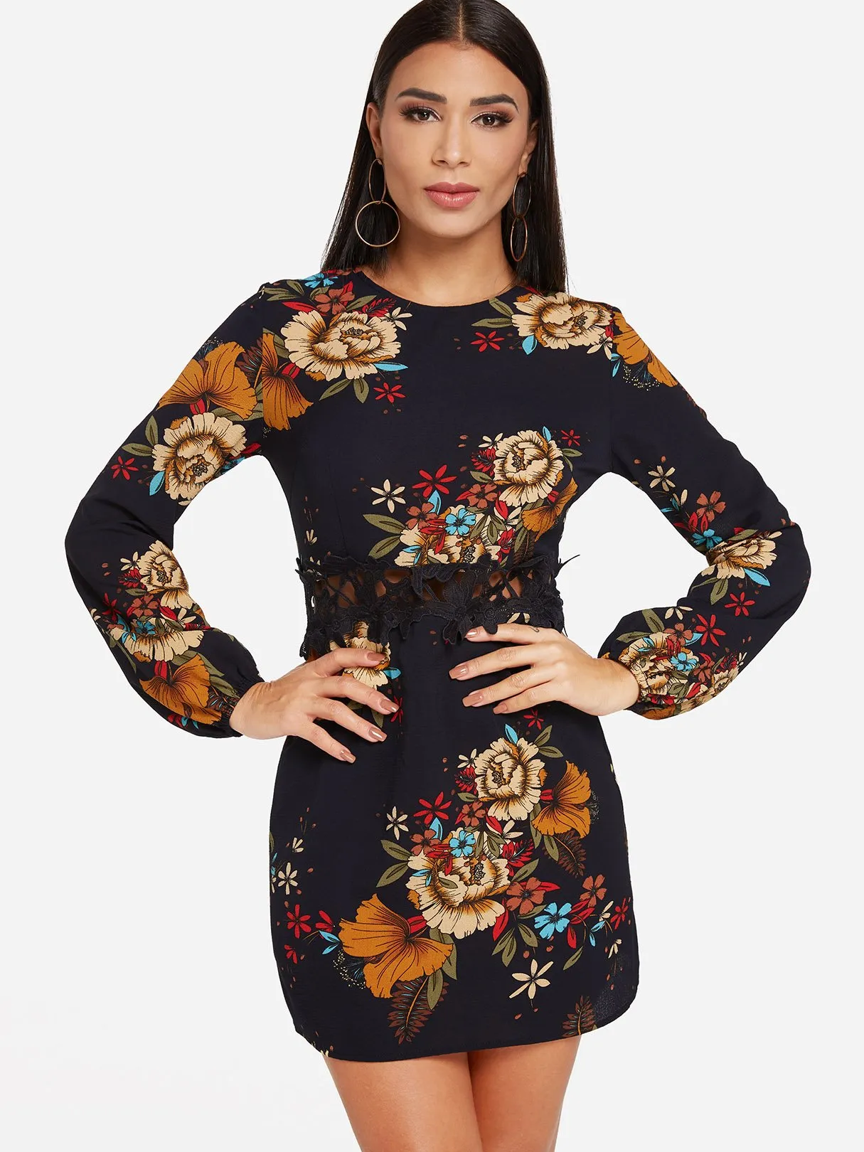 Wholesale Black Crew Neck Long Sleeve Floral Print Lace Dresses