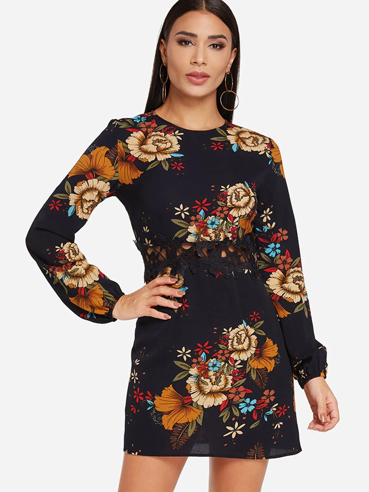 Wholesale Black Crew Neck Long Sleeve Floral Print Lace Dresses