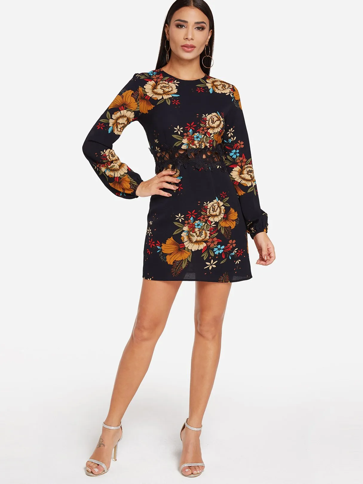 Wholesale Black Crew Neck Long Sleeve Floral Print Lace Dresses