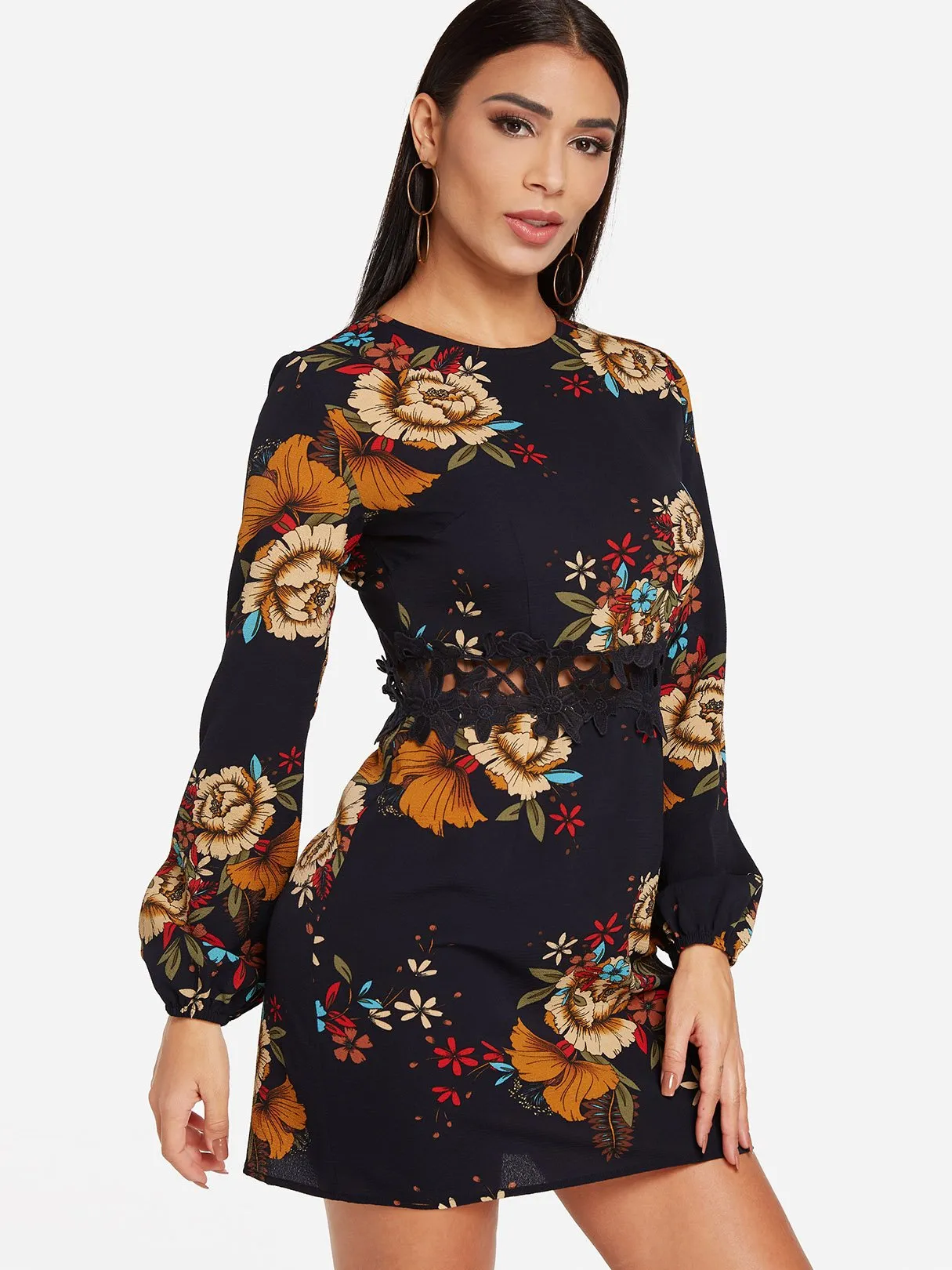 Wholesale Black Crew Neck Long Sleeve Floral Print Lace Dresses