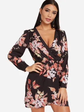 Wholesale Black Deep V Neck Long Sleeve Floral Print Crossed Front Slit Hem Dresses