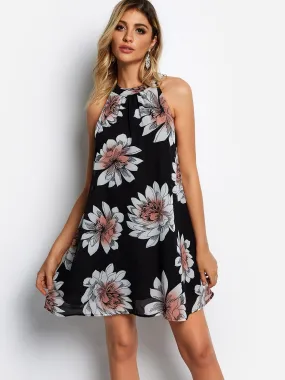 Wholesale Black Halter Sleeveless Floral Print Cut Out Dresses