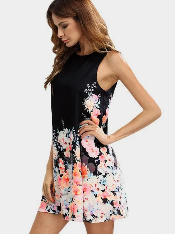 Wholesale Black Round Neck Floral Print Dresses