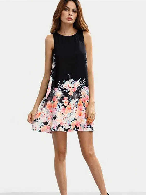 Wholesale Black Round Neck Floral Print Dresses