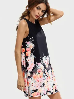 Wholesale Black Round Neck Floral Print Dresses