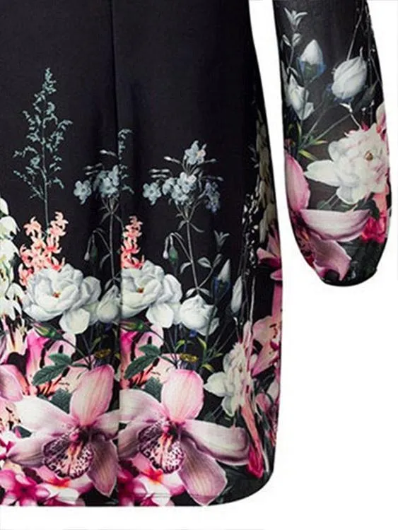 Wholesale Black Round Neck Long Sleeve Floral Print Zip Back Dresses