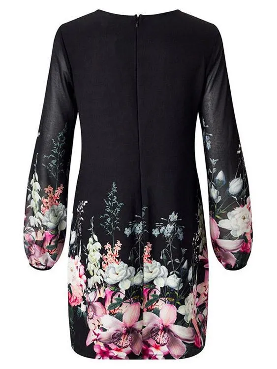 Wholesale Black Round Neck Long Sleeve Floral Print Zip Back Dresses