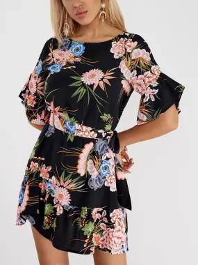 Wholesale Black Round Neck Short Sleeve Floral Print Self-Tie Flounced Hem Dresses