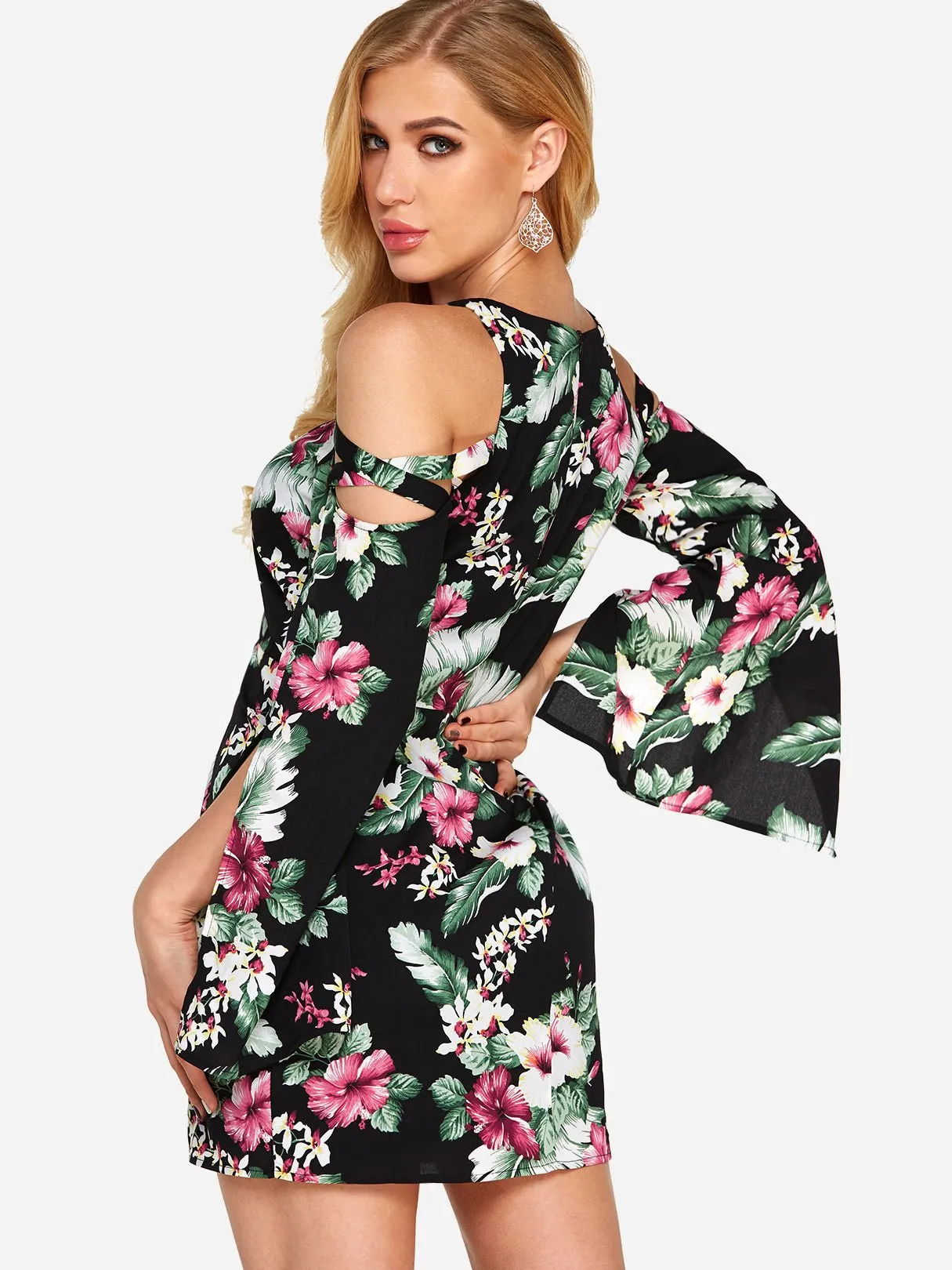 Wholesale Black V-Neck Cold Shoulder Long Sleeve Floral Print Lace-Up Slit Dresses