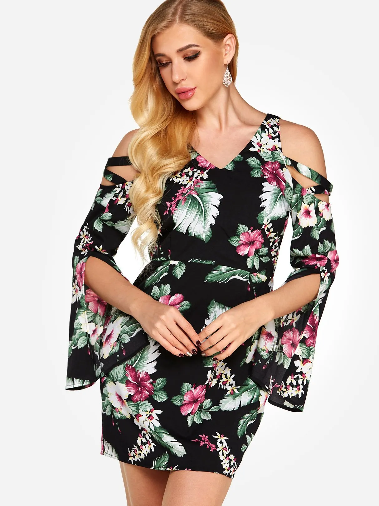 Wholesale Black V-Neck Cold Shoulder Long Sleeve Floral Print Lace-Up Slit Dresses