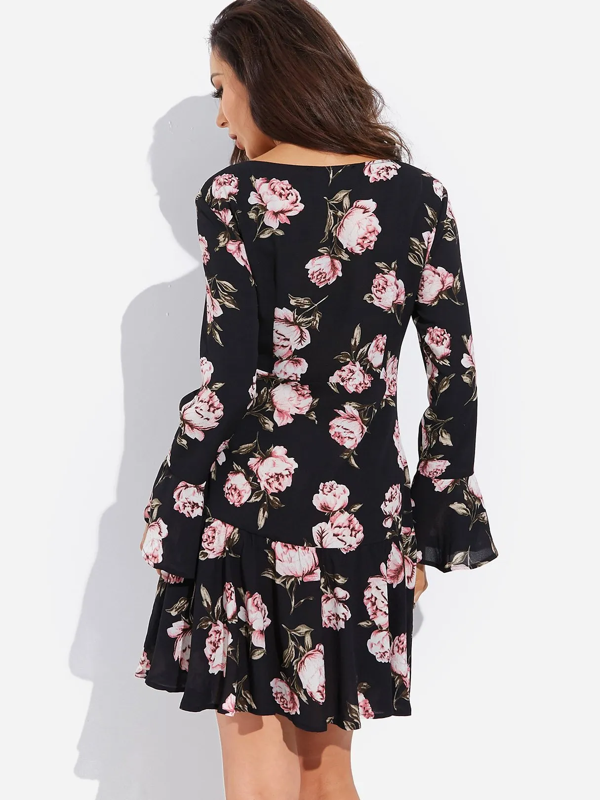 Wholesale Black V-Neck Long Sleeve Floral Print Ruffle Hem Dresses