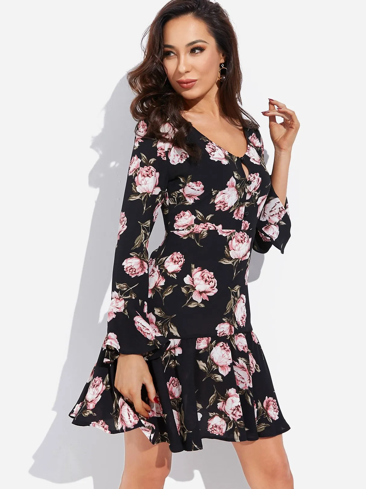 Wholesale Black V-Neck Long Sleeve Floral Print Ruffle Hem Dresses