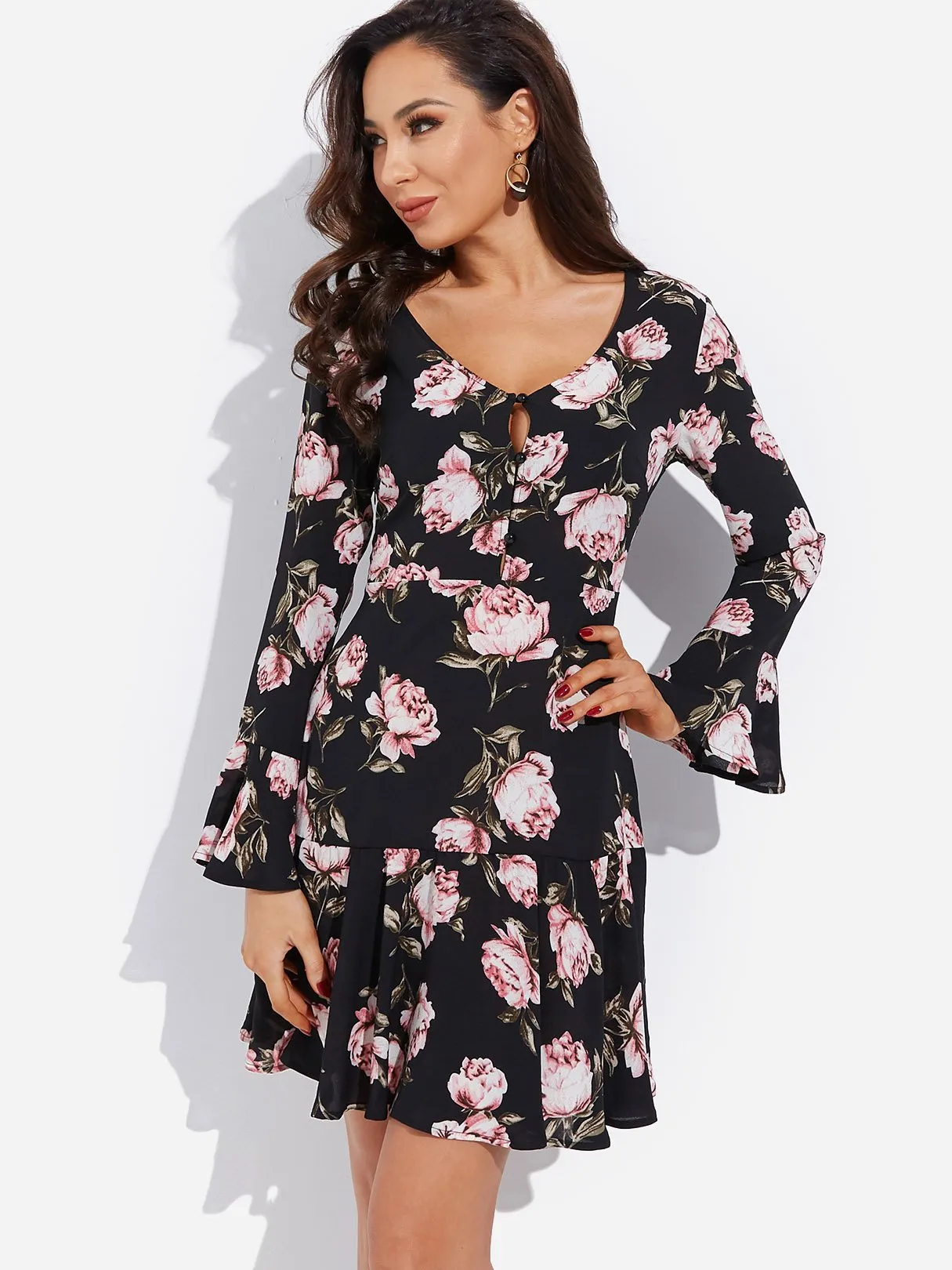 Wholesale Black V-Neck Long Sleeve Floral Print Ruffle Hem Dresses