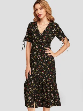 Wholesale Black V-Neck Short Sleeve Floral Print Self-Tie Flounced Hem Dresses