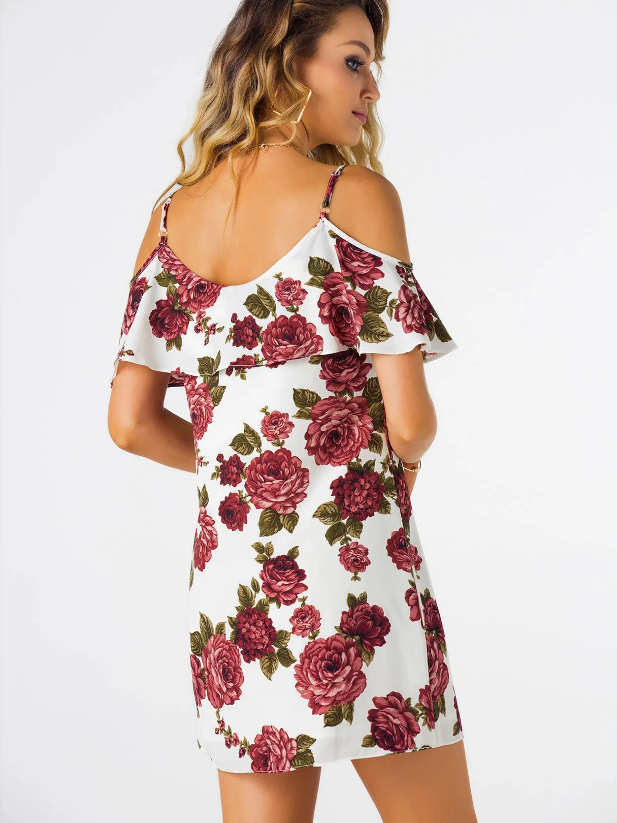 Wholesale Cold Shoulder Sleeveless Floral Print Spaghetti Strap Dresses