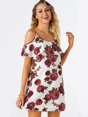 Wholesale Cold Shoulder Sleeveless Floral Print Spaghetti Strap Dresses