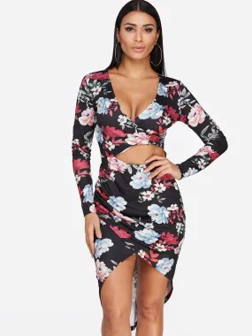 Wholesale Deep V Neck Long Sleeve Floral Print Crossed Front Cut Out Slit Hem Dresses