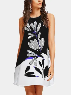 Wholesale Floral Print Crew Neck Sleeveless Black Dresses