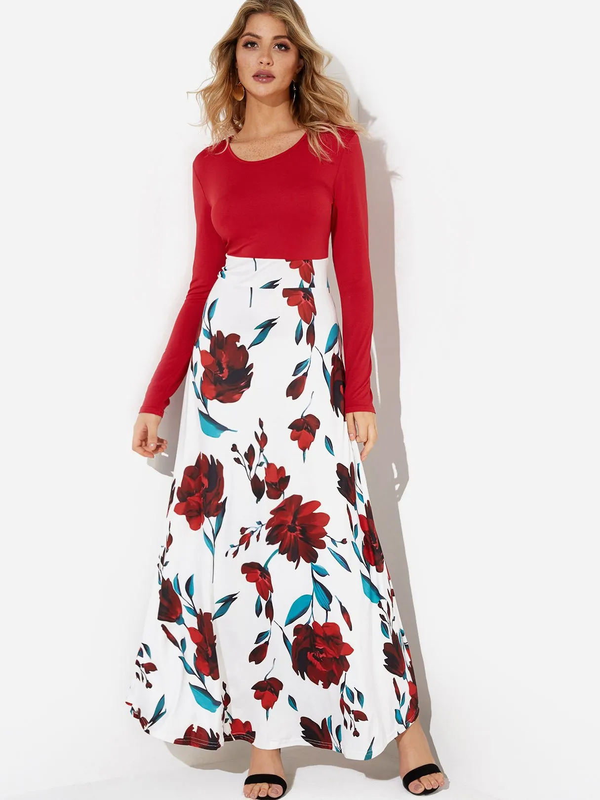 Wholesale Floral Print Round Neck Long Sleeve Dresses