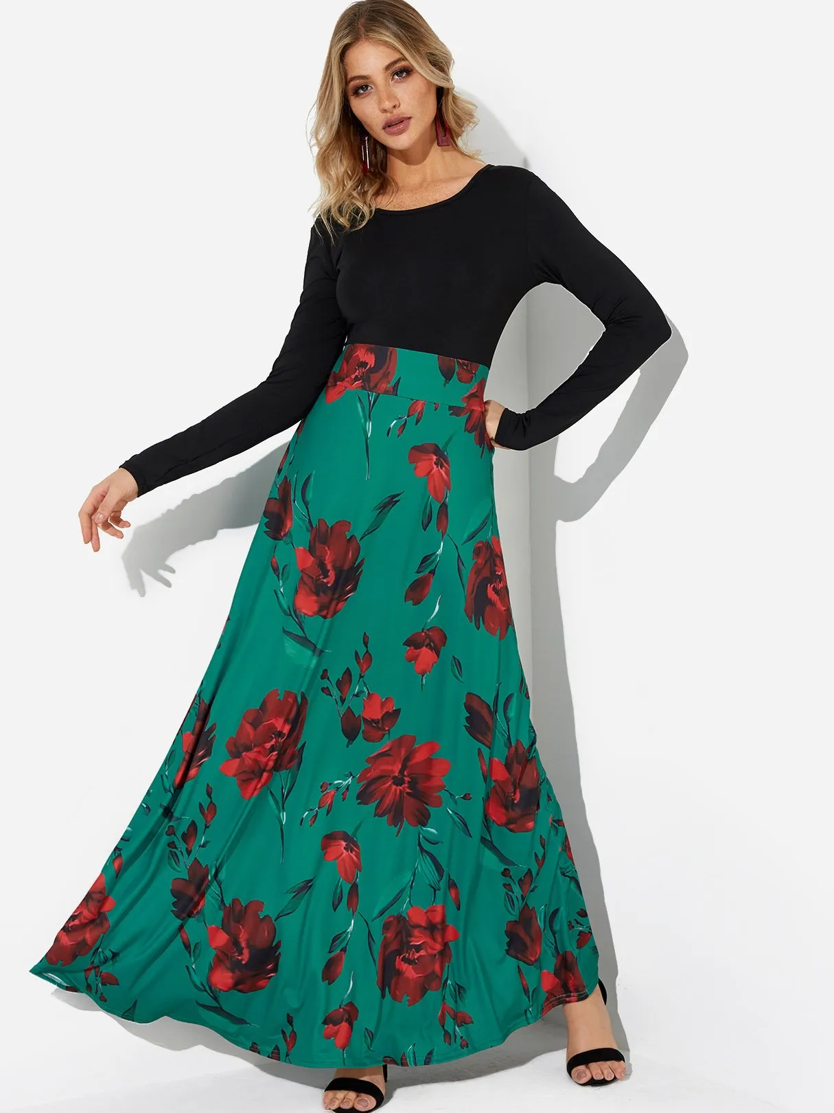 Wholesale Floral Print Round Neck Long Sleeve Dresses