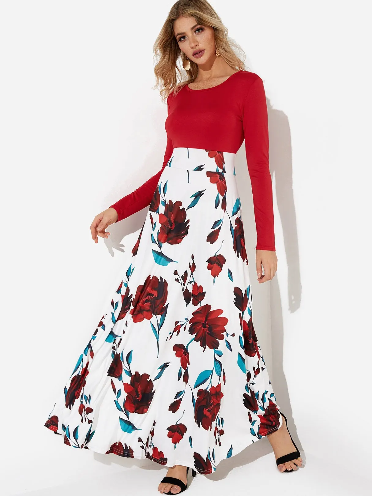 Wholesale Floral Print Round Neck Long Sleeve Dresses