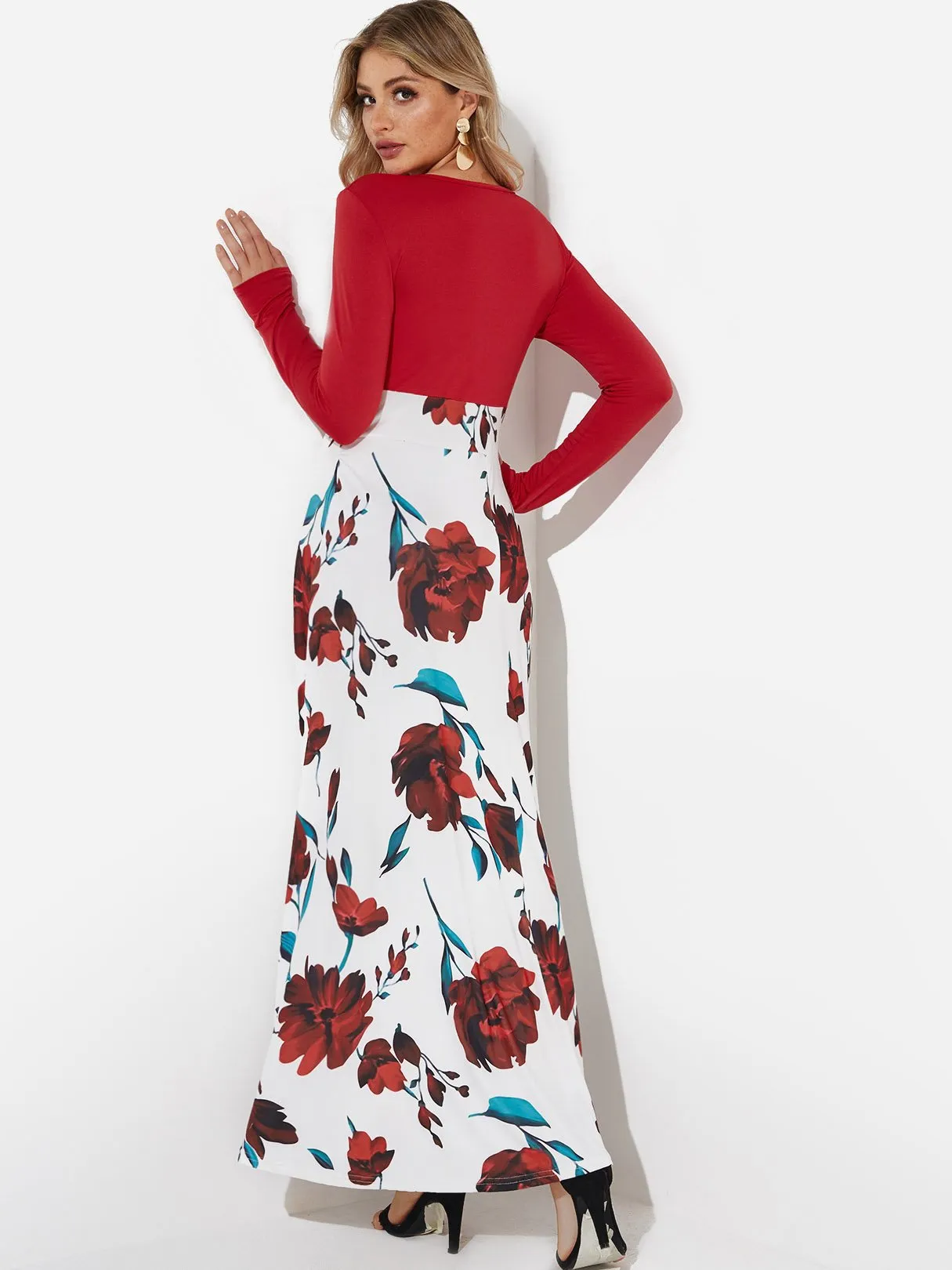 Wholesale Floral Print Round Neck Long Sleeve Dresses