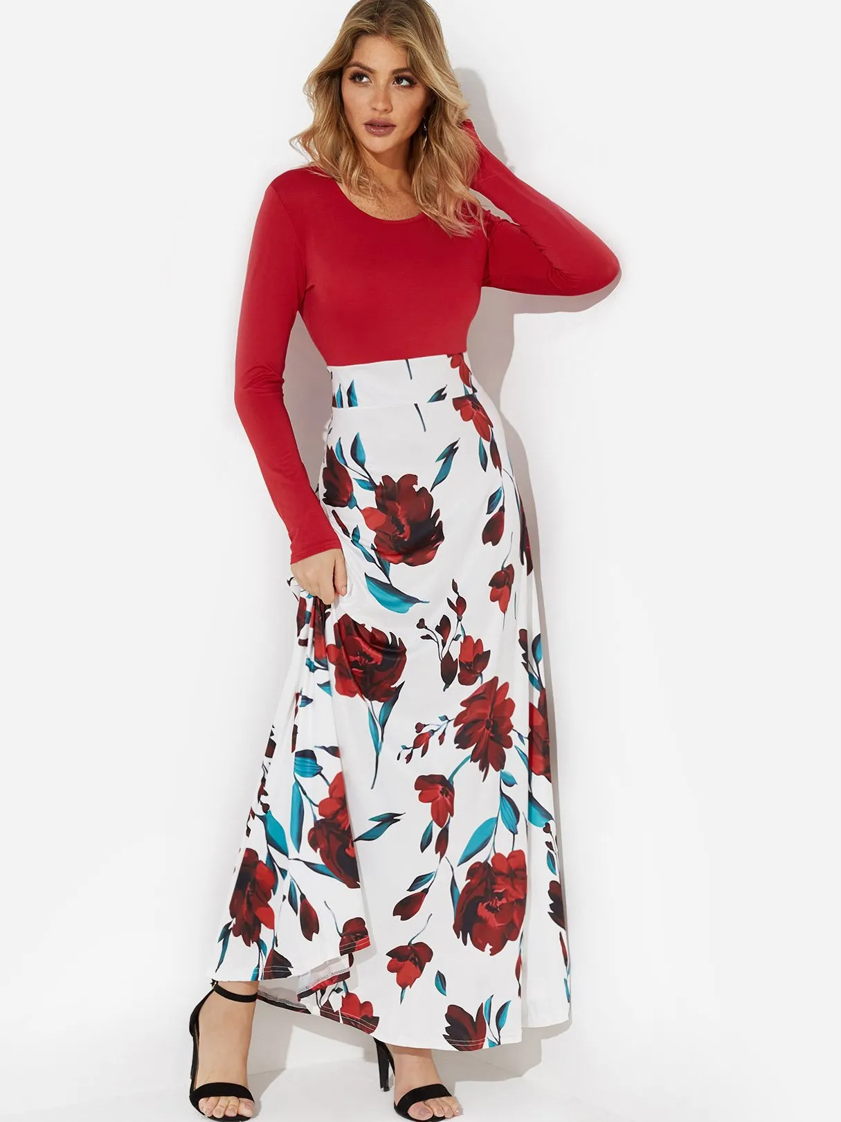 Wholesale Floral Print Round Neck Long Sleeve Dresses