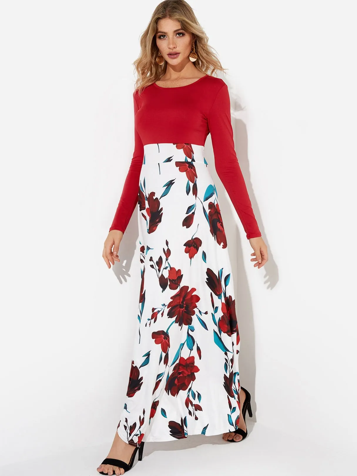 Wholesale Floral Print Round Neck Long Sleeve Dresses