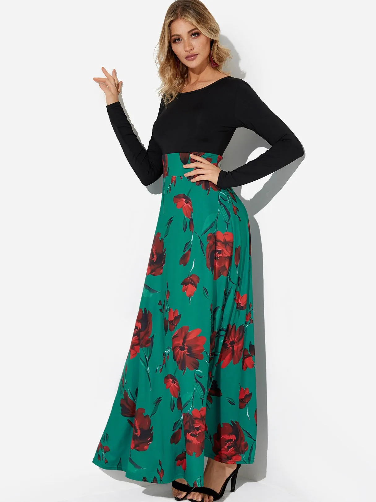 Wholesale Floral Print Round Neck Long Sleeve Dresses