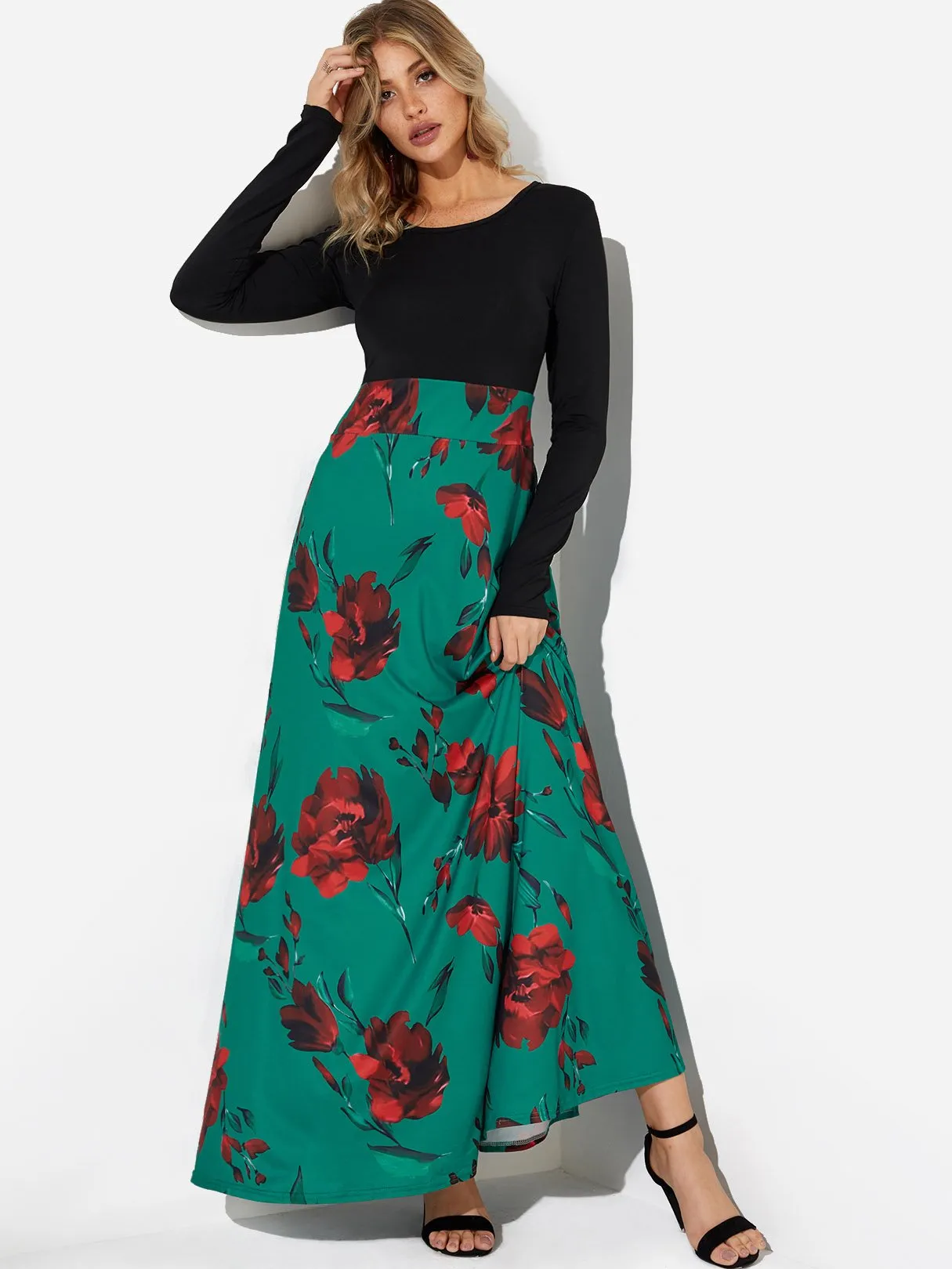 Wholesale Floral Print Round Neck Long Sleeve Dresses