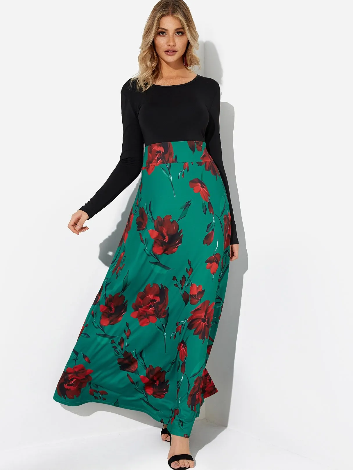 Wholesale Floral Print Round Neck Long Sleeve Dresses